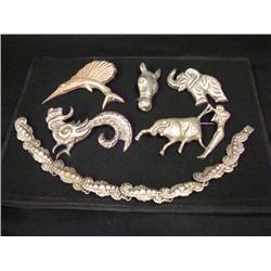 (6)1950's Era Mexican Silver Brooches & Choker