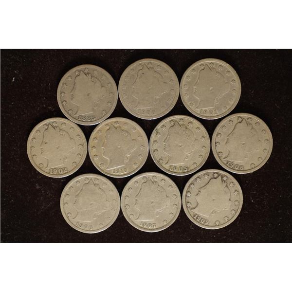 10 ASSORTED LIBERTY "V" NICKELS: 1883-1909 NOT ALL