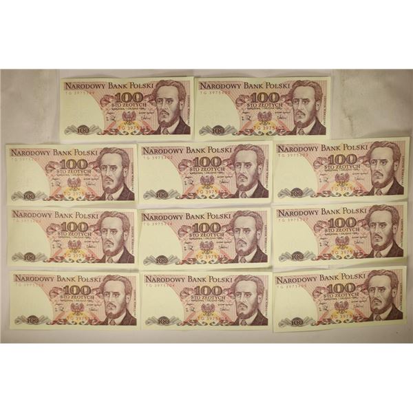 11 POLISH 100 ZLOTYCH CRISP UNC BILLS. 1 SET OF 6