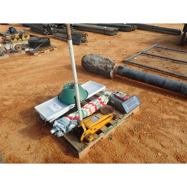 (1) PALLET MISC ITEMS, HYD GARAGE JACK, CHRISTMAS TREE STAND, SOLAR ELECTRIC FENCE