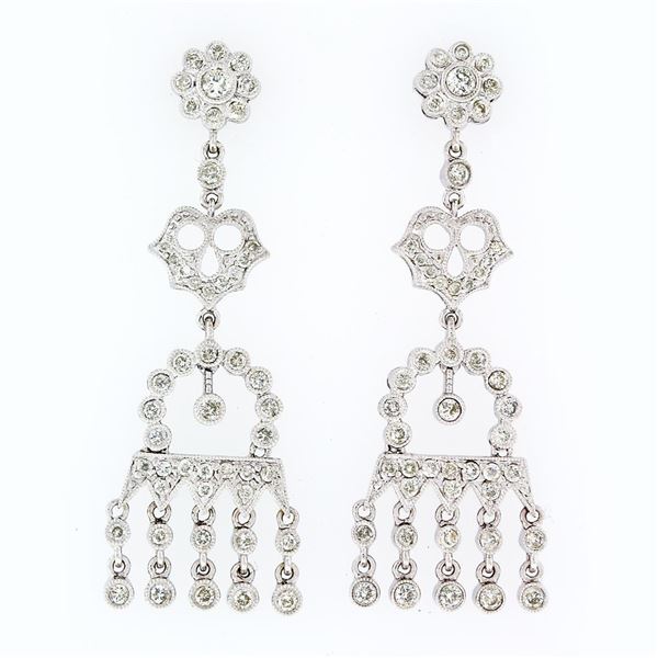 Elegant 18k White Gold 1.35 ctw Diamond Chandelier Milgrain Drop Dangle Earrings