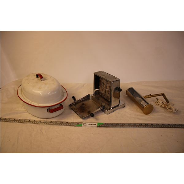 Vintage Toaster (No Cord), White and Red Roaster, and Picture Lamp