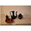 Image 1 : 3 Piece Black Painted Tea Set (Tea Pot, Cream, & Sugar) + (2) Wine Glasses and a Ruffle Bowl