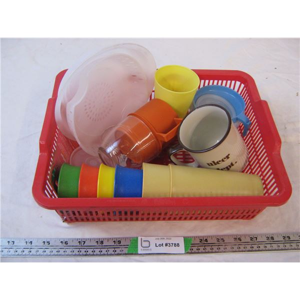 Plastic bin of some Tupperware glasses and misc. Items