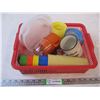 Image 1 : Plastic bin of some Tupperware glasses and misc. Items