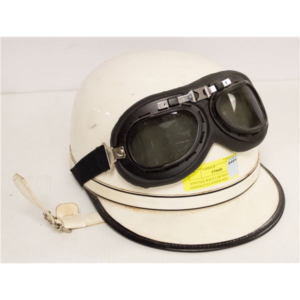 VINTAGE RACE CAR HELMET W GOGGLES LEATHER SIDE