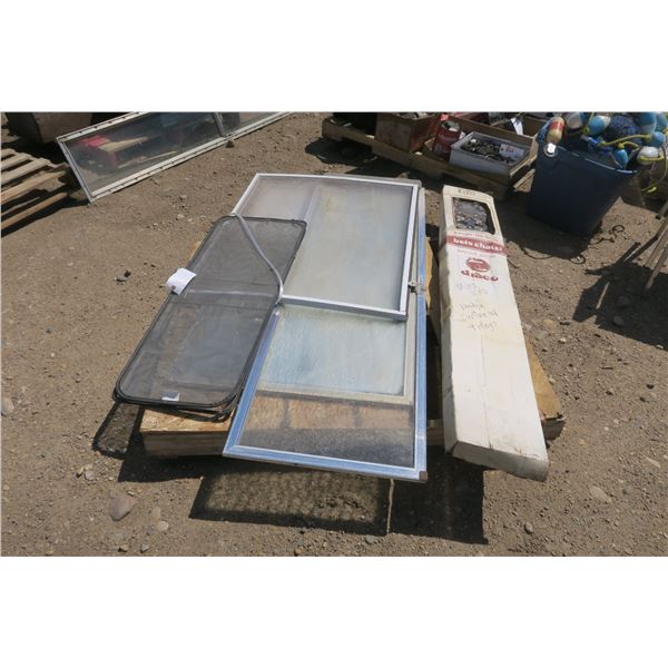 Pallet of - Shower Door 65 1/2 x 20 1/2 in., Window 31 1/2 x 40in. & Misc.