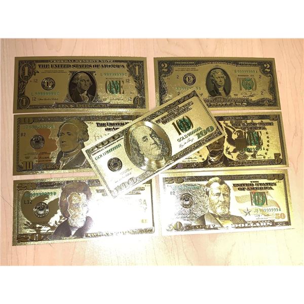 Complete set of USA Gold Foil Clad Certificate notes including: $1.00, $2.00, $5.00, $10.00, $20.00,