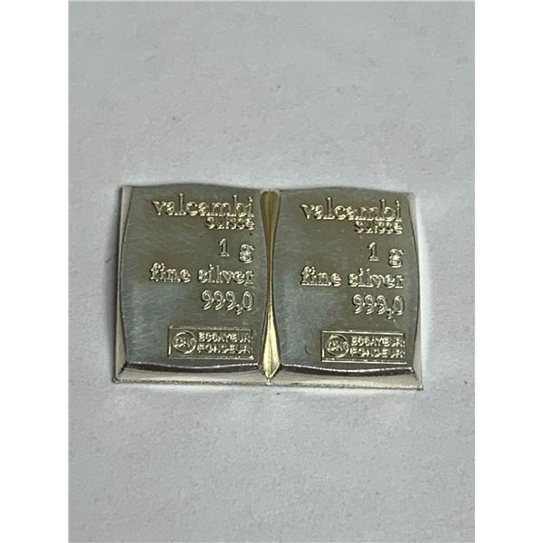 Valcambi Suisse - LOT of 2 - .999 Fine Silver 1 Gram Wafer Bars - Sold as one lot as they are fused 
