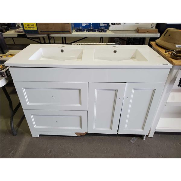 New Marble Top Dual Sink, Marble top, 2 Drawer and 1 cupboard Bathroom Vanity - Some Damage as seen 