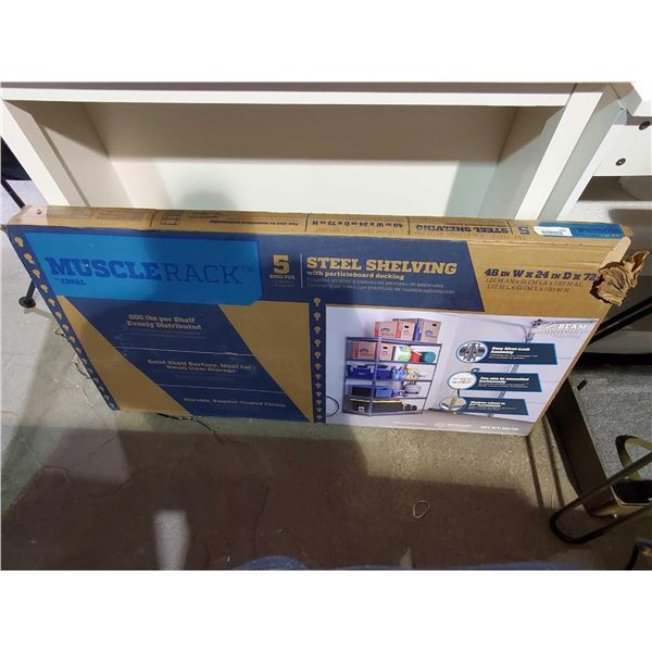 New Muscle Rack 5 Shelf Steel Shelving Unit with Particle Board Decking - Minor damage to corner as 
