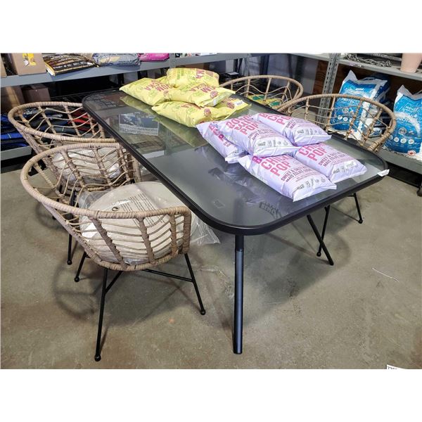 New Metal & Glass Patio Table with Set of 4 Brown Wicker Style chairs with Seat Cushions