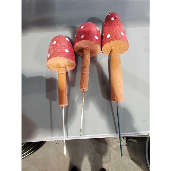 Set of 3 Handmade Wooden Toadstool Mushroom Garden Stakes