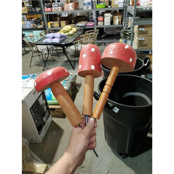 Set of 3 Handmade Wooden Toadstool Mushroom Garden Stakes