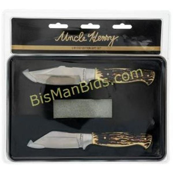 Uncle Henry 2 Fixed Blade Knives w/ Stone Gift Set