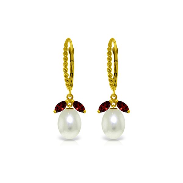 Genuine 9 ctw Garnet & Pearl Earrings 14KT Yellow Gold - REF-39Z3N