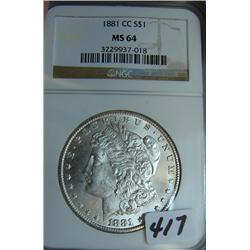 1881 Carson City Morgan Silver Dollar NGC MS64