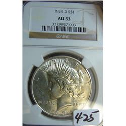 1934-D Peace Silver Dollar NGC AU53