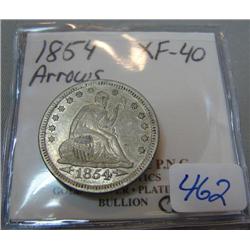 1854 Arrows Seated Liberty Quarter XF-40