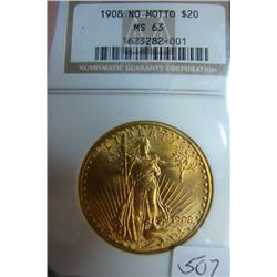 1908 No Motto $20 St. Gaudens Gold Coin NGC MS63