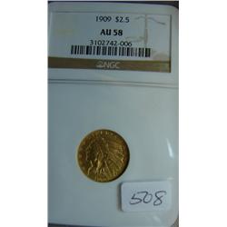 1909 $2.50 Liberty Head Gold Coin NGC AU58
