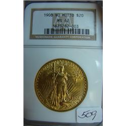 1908 No Motto $20 St. Gaudens Gold Coin NGC MS62
