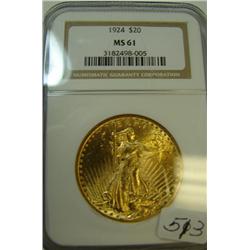1924 $20 St. Gaudens Gold Coin NGC MS61