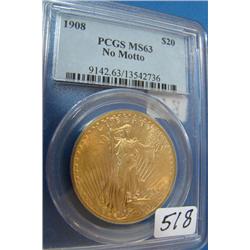 1908 No Motto $20 St. Gaudens Gold Coin PCGS MS63