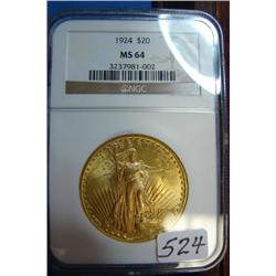 1924  $20 St. Gaudens Gold Coin NGC MS64