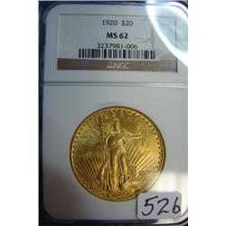 1920  $20 St. Gaudens Gold Coin NGC MS62
