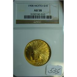 1908 Motto $10.00 Indian Head Gold Coin NGC AU58