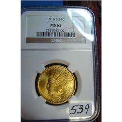 1916-S $10 Indian Head Gold Coin NGC MS63