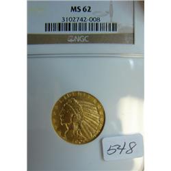 1909 $5.00 Indian Head Gold Coin NGC AU58
