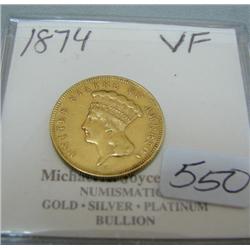1874 $3.00 Princess Gold Coin VF