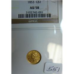 1853G $1.00 Type I Liberty Head Gold Coin NGC AU58