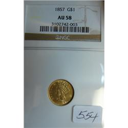 1857 Type III $1.00 Liberty Head Gold Coin NGC AU58