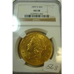 1899 $20.00 Liberty Gold Coin NGC AU58