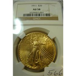 1911 $20.00 St. Gaudens Gold Coin NGC AU58