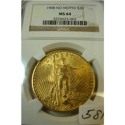 1908 No Motto $20 St. Gaudens Gold Coin NGC MS64
