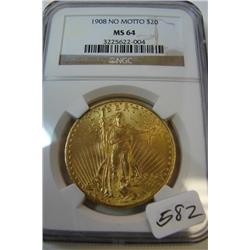 1908 No Motto $20 St. Gaudens Gold Coin NGC MS64