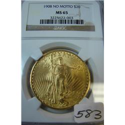 1908 No Motto $20 St. Gaudens Gold Coin NGC MS65