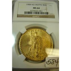 1908 No Motto $20 St. Gaudens Gold Coin NGC MS64