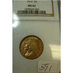 1912 $5.00 Indian head gold coin NGC MS62