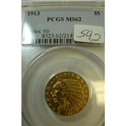 1913 $5.00 Indian Head gold coin PCGS MS62