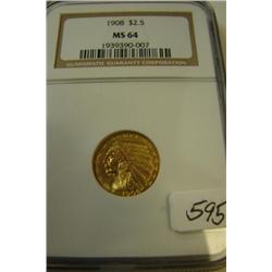 1908 $2.50 Indian Head Gold Coin NGC MS64