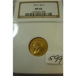 1912 $2.50 Indian Head Gold Coin NGC MS64