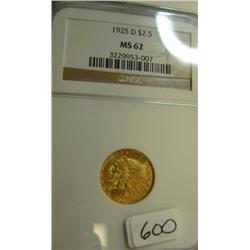 1925D $2.50 Indian Head Gold Coin NGC MS62