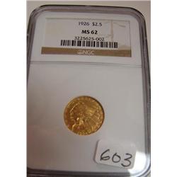 1926 $2.50 Indian Head Gold Coin NGC MS62