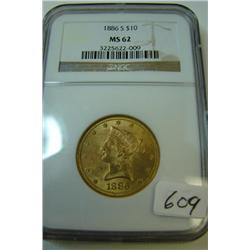 1886 $10.00 Liberty Gold Coin NGC MS62