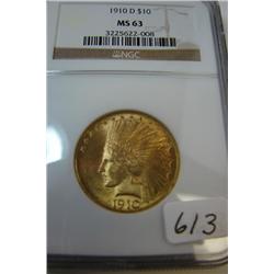 1910D $10.00 Indian Head Gold Coin NGC MS63